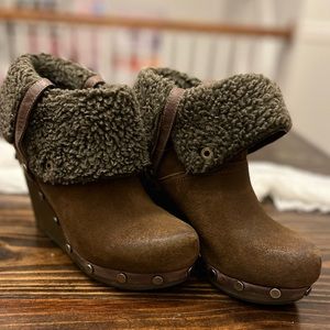 OTBT Arvin Women's Suede Foldover Fur Cuff Studded Wedge Ankle Bootie